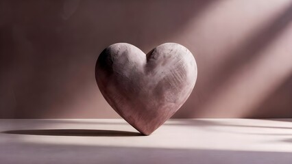 A large, textured heart sculpture resting on a surface under dramatic sunlight.