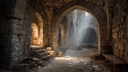 Exploring a Medieval Castle Interior With Stone Walls and Light Rays Creating an Ancient Atmosphere Inviting for Various Activities
