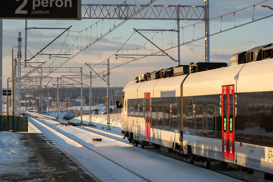 Gdansk, Poland - January 6, 2026: Pomeranian Metropolitan Railway (abbreviated as PKM) in Gdansk Rebiechowo. Public transport that connects Gdansk city with the Airport and Kashubia
