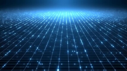 Futuristic digital grid with blue lights pulsating on dark background - Powered by Adobe