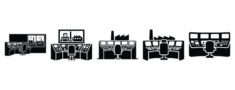 factory control room silhouette icon set, solid style, vector illustration