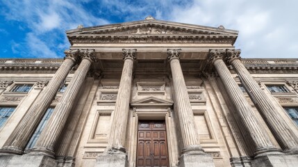 Fototapeta premium doorway. Classical doorway with symmetrical columns under a clear blue sky, embodying timeless architectural elegance. real-estate listings. 