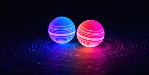 Vibrant Neon Spheres with Gradient Stripes on Dark Background with Swirling Lines