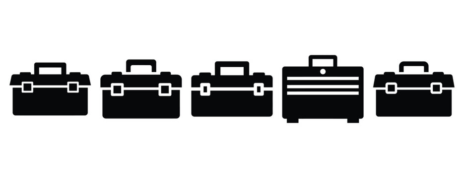 industrial toolbox silhouette icon set, solid style, vector illustration