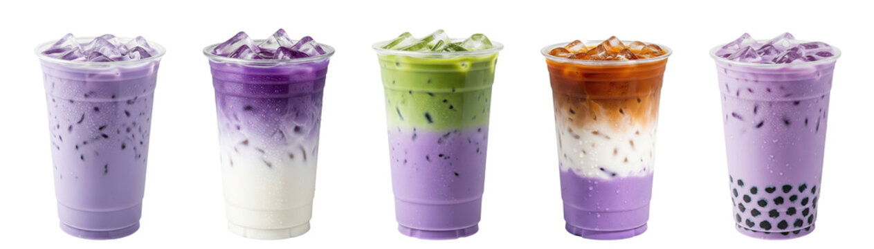 ube purple yam iced latte collection with matcha, coffee, and boba milk tea variations in takeaway cups