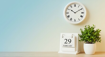 leap day february 29th calendar clock and green plant on table
