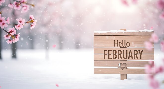 Hello february wooden sign with snow and cherry blossoms in winter