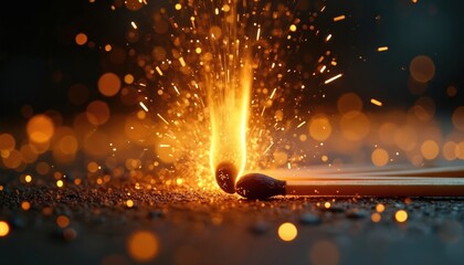 Two wooden matches ignite with bright orange flame and sparks flying outwards. Macro shot captures the intense heat and glowing embers in dark, dusty background with bokeh lights.