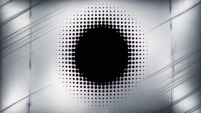 Abstract geometric pattern with black dots forming a circular shape on a metallic background