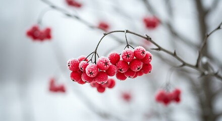 Red berries on a frosty winter branch outdoors in snow
