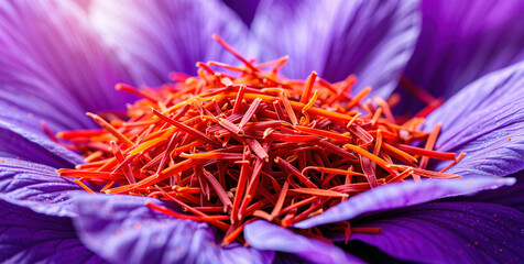 Vibrant Purple Flower with Pile of Bright Red-Orange Saffron Threads
