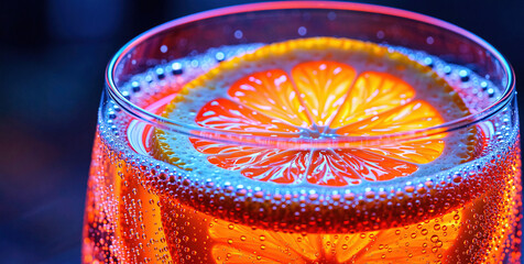 Close-up of a Refreshing Orange Slice in a Glass of Fizzy Drink with Dew Drops