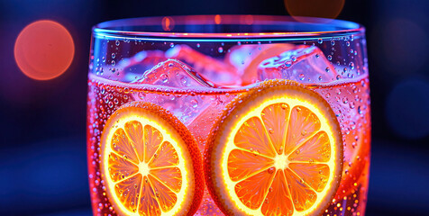 Vibrant Pink Drink with Ice and Glowing Orange Slices in a Glass