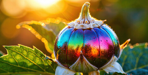 Vibrant Iridescent Flower Bud with Dew Drops and Lush Green Leaves at Sunset