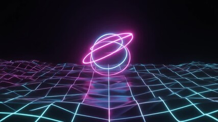 A neon-lit sphere with glowing rings on a futuristic grid surface at night viewed from a low angle