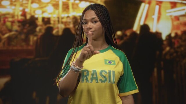 Woman with index finger to lips for silence in a street fair at night wearing brazil soccer shirt; quiet confidence.
