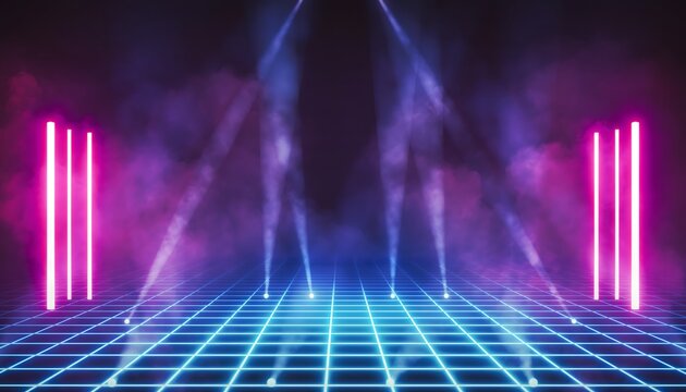 Illustration of neon grid with pink and blue lights on a dark background with a futuristic ambiance and vibrant beams - Powered by Adobe