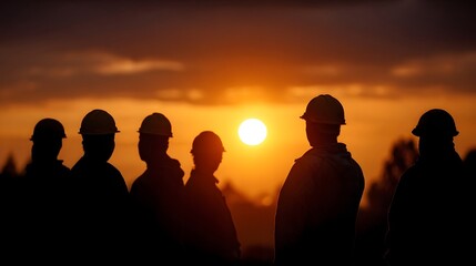 Fototapeta premium A group of silhouetted workers wearing hard hats stand against a dramatic sunset