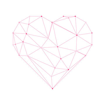 Geometric heart wireframe made of connected lines and dots, low poly romantic love symbol, vector