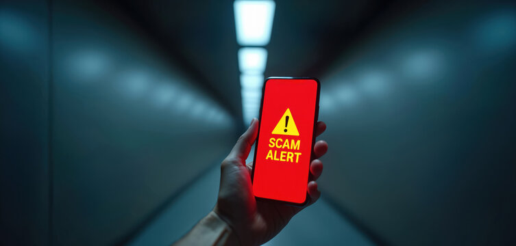 Hand holds phone with red scam alert warning. Digital danger message on screen. Online fraud concept, cyber risk awareness, internet safety reminder. - Powered by Adobe