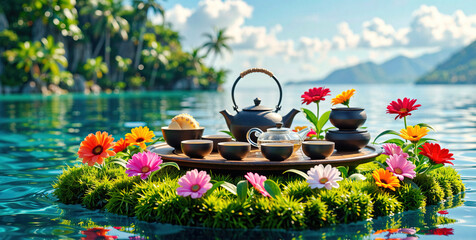 Serene Tropical Oasis with Tea Set on Floating Mossy Island Amidst Vibrant Flowers and Calm Water