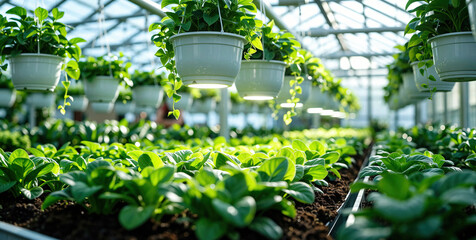 Lush Green Plants in White Hanging Pots and Soil Beds in a Bright Modern Greenhouse Environment