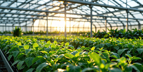 Lush Green Plants Growing in a Spacious Modern Greenhouse at Sunset