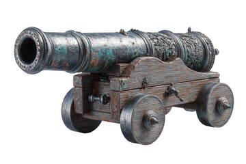 Antique cannon on wheels isolated on transparent background
