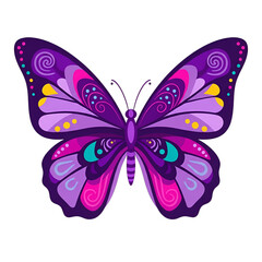 Vibrant purple butterfly vector with symmetrical patterned wings, flying pose, isolated on transparent background. Ideal for spring designs, nature themes, children's books, event invitations,