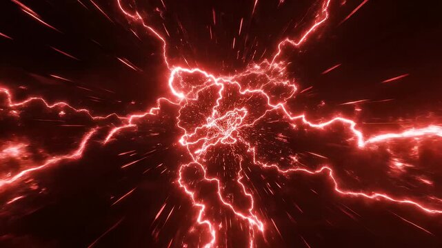 Red Lightning Abstract - An abstract design features dynamic red lightning bolts emanating from a central point on a dark background.