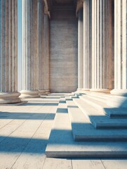Naklejka premium Exploring Ancient Greek Architecture With Marble Columns and Steps Under Soft Daylight in a Serene Setting
