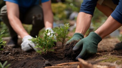 Fototapeta premium Community volunteers transforming a vacant lot into a public garden, emphasizing grassroots land use, civic engagement, and neighborhood revitalization. cinematic color correction, natural uneven