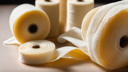 Rolled Medical Gauze Bandages on Clean Surface