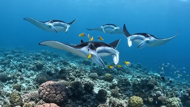 The Manta rays (Manta alfredi) hang in the current wait for cleaner wrasse, Raja Ampat Islands in Southwest Papua, Indonesia.
