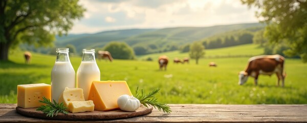 Fresh dairy products like milk and cheese sit on a wooden table. Cows graze in a green pasture behind them. The scene is set in a beautiful countryside with rolling hills under a bright sky.