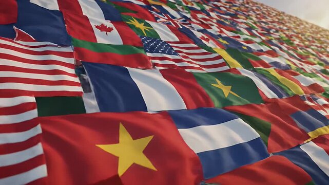 International Flags Background - A close-up shot showcases many national flags from around the world. The flags are arranged in a pattern, creating a vibrant background.