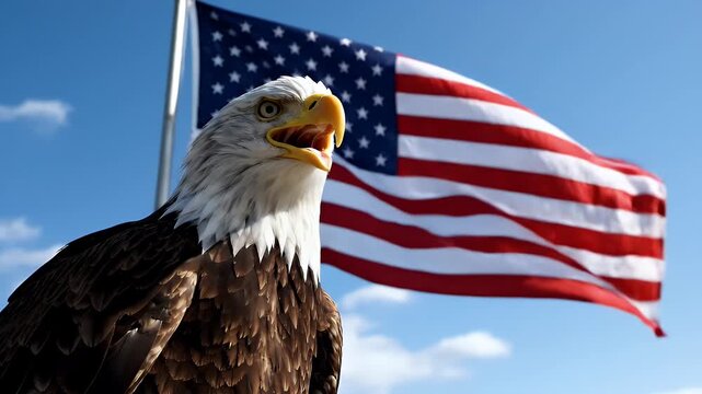 American Bald Eagle with US Flag - A majestic bald eagle with its mouth open is prominently featured in the foreground, contrasted against the backdrop of a waving American flag under a clear blue