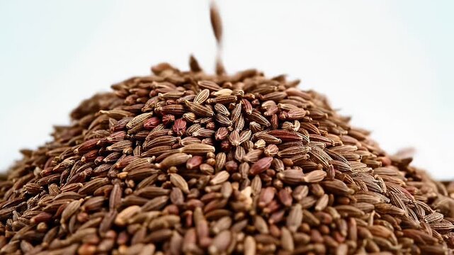 Pile of Cumin Seeds - A close-up shot shows a large mound of brown cumin seeds. The seeds are densely packed together and feature a ridged texture.