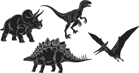 Silhouette illustrations of four prehistoric creatures