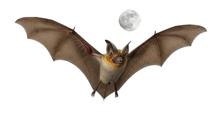 Brown bat flying towards viewer with moon behind, isolated on transparent background