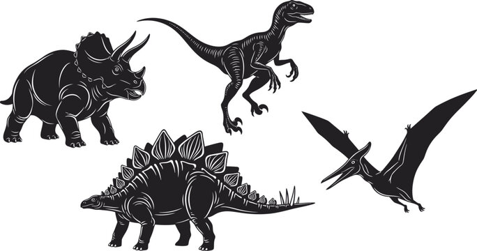 Silhouette illustrations of four prehistoric creatures - Powered by Adobe