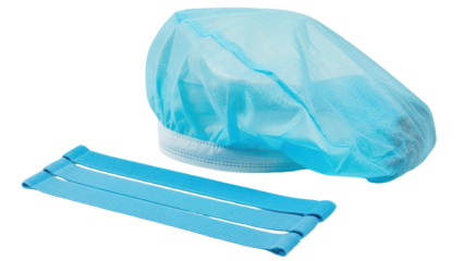 Blue disposable bouffant cap and shoe covers isolated on transparent background