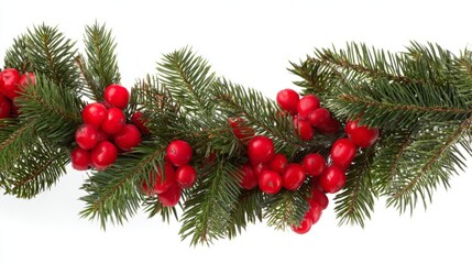 garland. A festive Christmas garland with pine needles and red berries, elegantly displayed on a clean white background. event programs.
