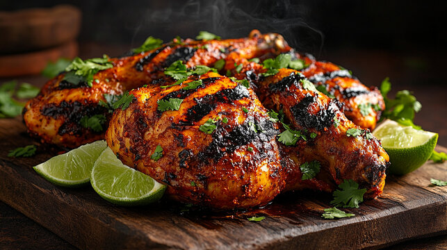 Grilled chicken thighs with herbs and lime on wooden platter  