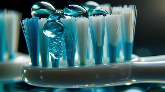 Firefly &ldquo;Microscopic macro of fluorite gel texture on toothbrush bristles, glossy shine, extreme det