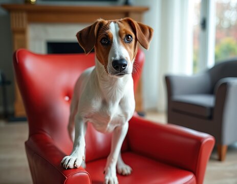 Dog of the Drever breed poses on a bright red armchair indoors. The pet animal is white and brown. It stands looking at viewer. Dog portrait in room interior