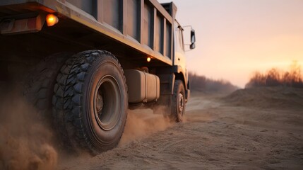 Dump truck kicking up dust on a dirt road at dawn