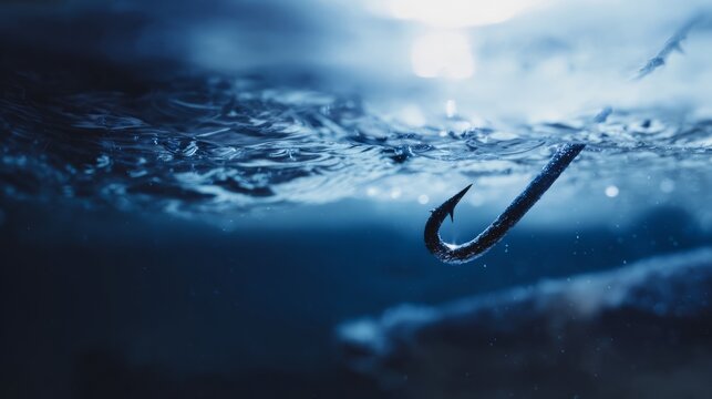 limnetic. Close-up of a metallic fish hook submerged in clear blue water. wildlife magazines, conservation campaigns, designed for eco-tourism storytelling, celebrates biodiversity.
