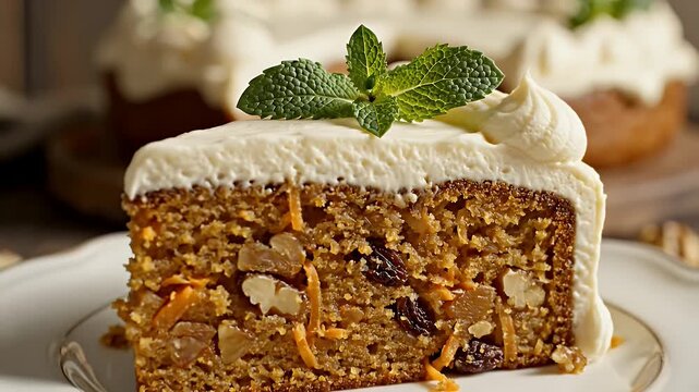 Slice of delicious carrot cake with cream cheese frosting - A close-up shot captures a mouthwatering slice of carrot cake, adorned with a generous layer of creamy white frosting and fresh mint leaves.