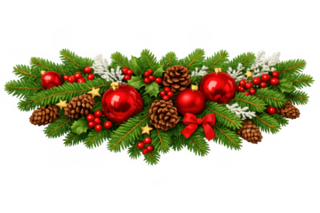 Christmas garland decoration with red ornaments pine cones holly berries spruce branches for holiday cheer on transparent background
